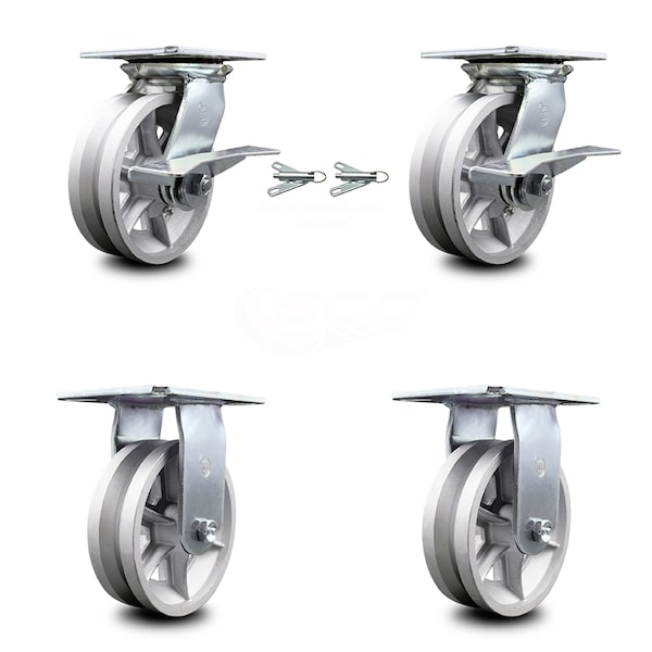 6 Inch V Groove Semi Steel Caster Brakes/Swivel Locks and 2 Rigid SCC, 2PK